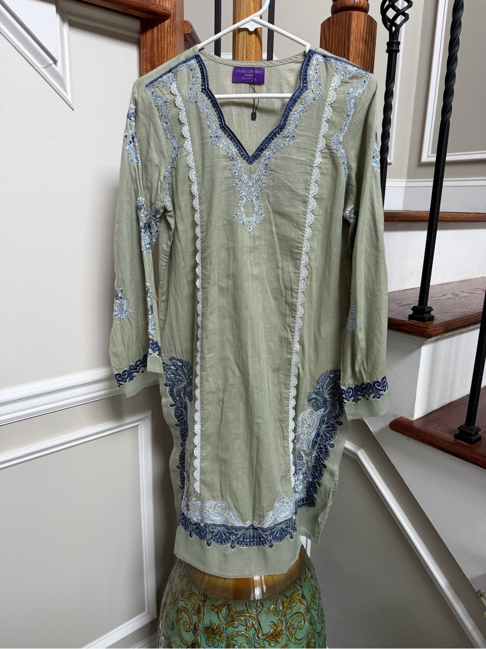 Cotton Embroidered V-Neck Long-Sleeve Dress in Sage Green